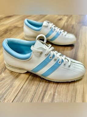 Vintage 70s 80s Striker by NSG Stripe Bowling Shoes White Blue, Women’s 6.5
